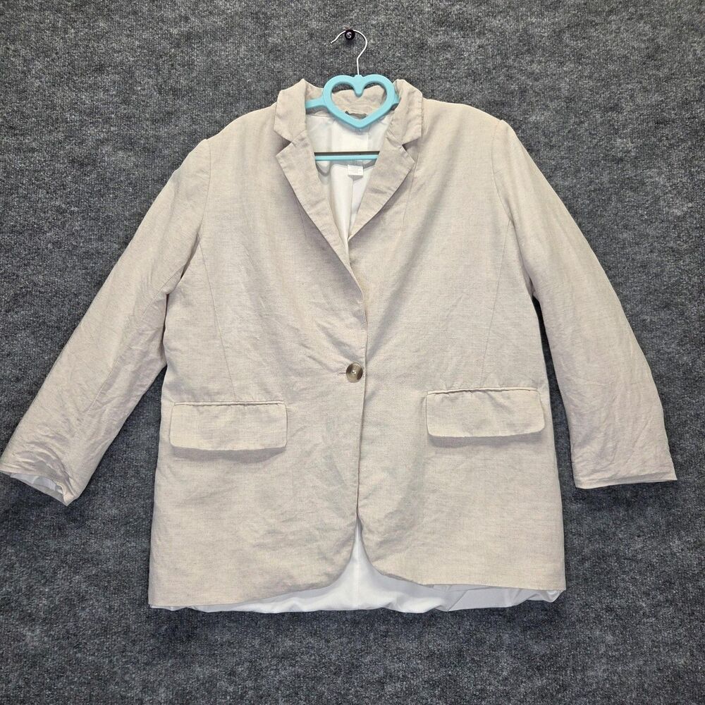 H&M Blazer Womens Small Beige Linen Blend One Button Lined Notch Lapel Pockets